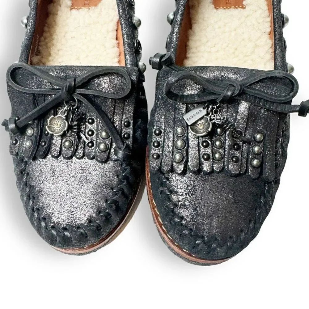 COACH Roccasin Black Metallic Leather Slip On Moccasins Sherpa Flat Loafers Sz 6 - Picture 3 of 10